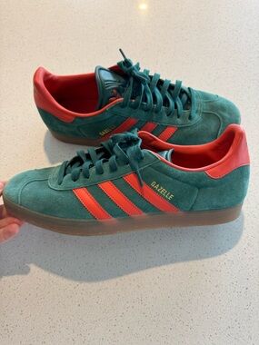 adidas Gazelle Green Suede Sneakers with Orange Accents